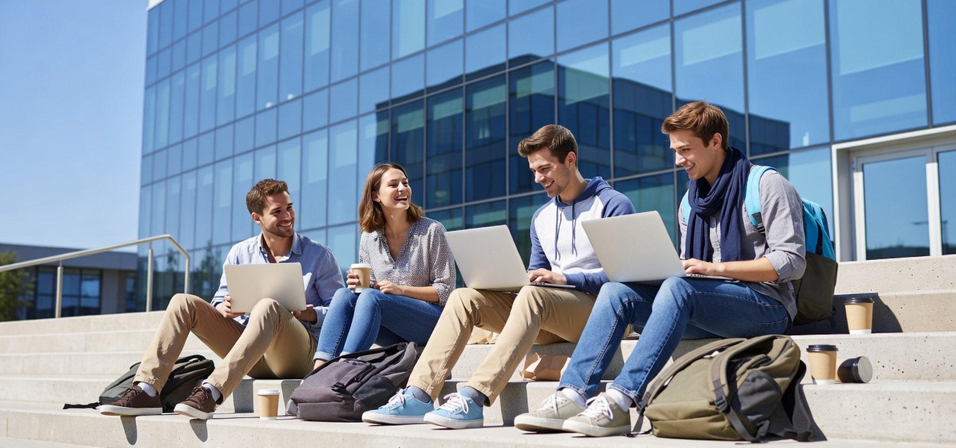 Junges Team arbeitet mit Laptops auf den Stufen vor einem Bürogebäude