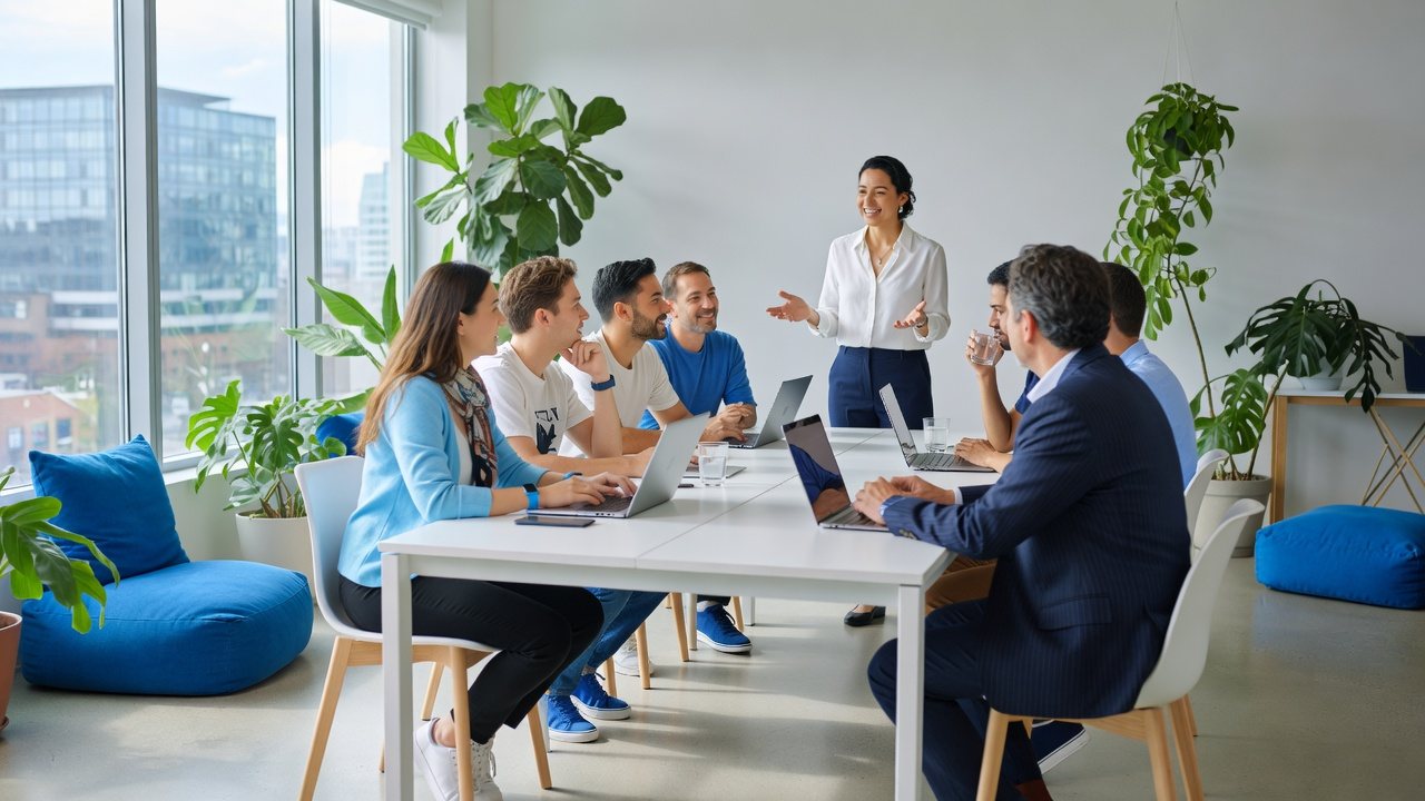 Team bespricht ein Projekt in einem hellen Büro
