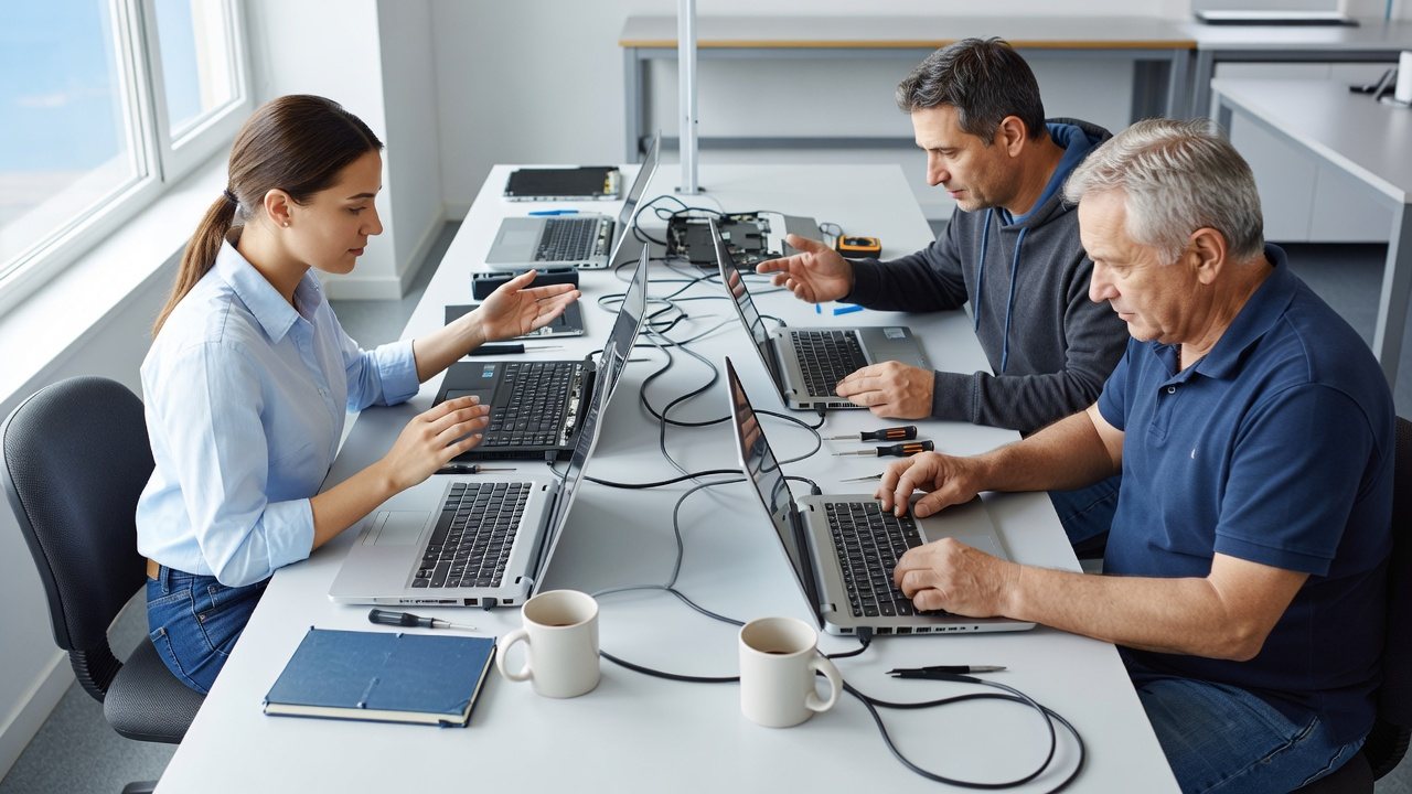Techniker bereiten Notebooks für den Rollout vor