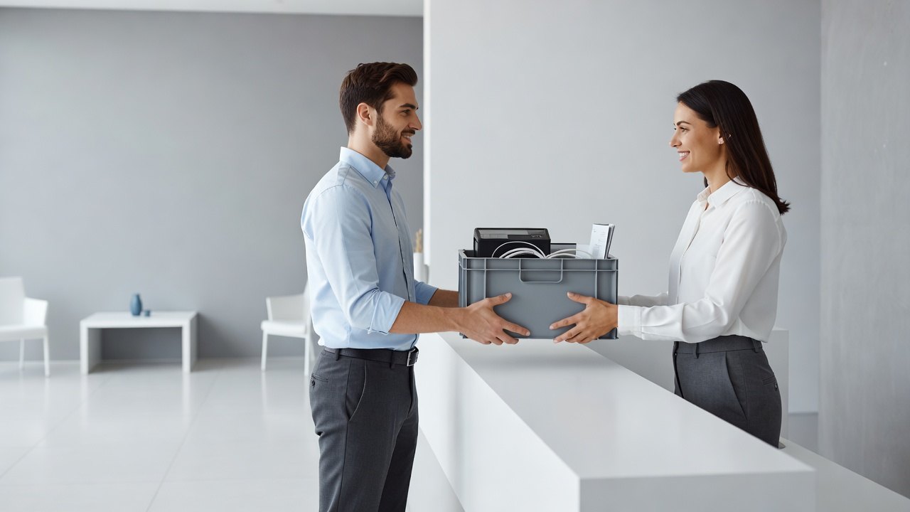 Übergabe einer Transportkiste mit Bürogeräten