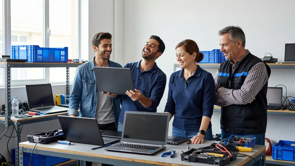 Zwei Mitarbeiterinnen sortieren zurückgenommene Notebooks