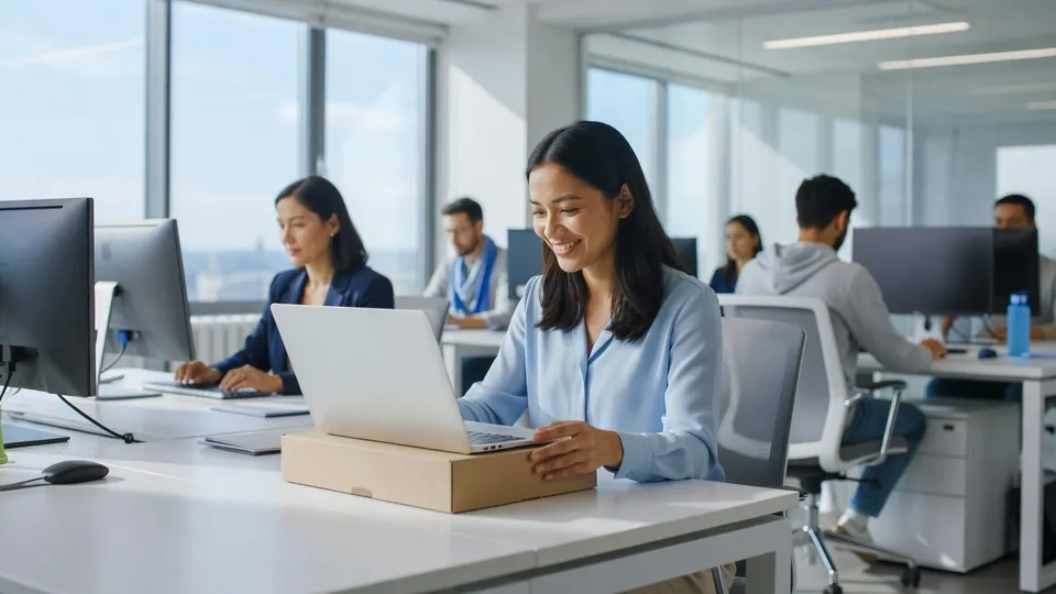 Mitarbeiterin packt ein neues Notebook aus